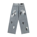 Chrome Hearts White & black Leather Cross Patches Jeans